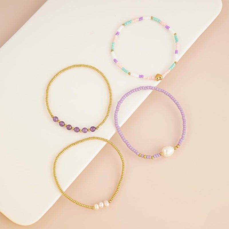 Pymach Store Dainty Gold Plated Pearl Crystal Beaded Bracelets Set for Women 14K Gold Plated Bead Pearl Beads Bracelet Stackable Paperclip Link Chain Bracelets Gold Plated Bracelets for Women Trendy Jewelry - Image 2